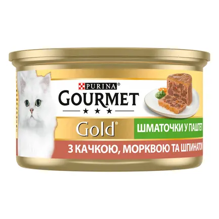 Вологий корм GOURMET Gold для дорослих котів шматочки у паштеті з качкою, морквою та шпинатом 85 г: додаткове фото 3