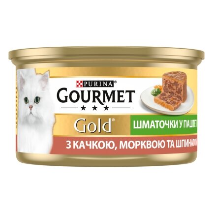 Вологий корм GOURMET Gold для дорослих котів шматочки у паштеті з качкою, морквою та шпинатом 85 г — Фото 2