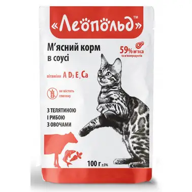Консерва Леопольд готовий обід для котів телятина з овочами в соусі, 100 г, Акція