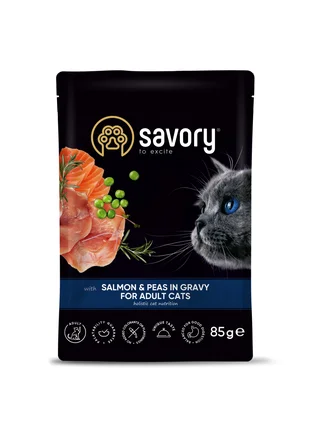 Вологий корм Savory для дорослих котів, лосось з горошком у соусі, пауч, 85 г