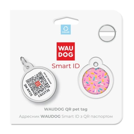 Адресник для собак та котів металічний WAUDOG Smart ID з QR паспортом, малюнок &quot;МаршКрейдалоу&quot;, круг, Д 25 мм — Фото 4