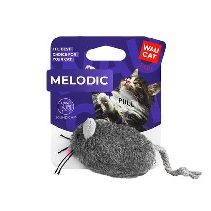 Іграшка для котів WAUCAT Fun Melodic Мишка сіра зі звуковим чипом, штучне хутро, 130 мм: додаткове фото 2