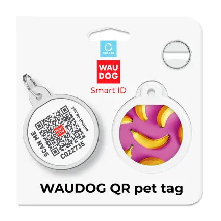 Адресник для собак і котів металевий WAUDOG Smart ID з QR паспортом, малюнок "Банани на рожевому", коло, Д 25 мм: додаткове фото 5