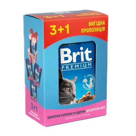 Набір паучів &quot;3+1&quot; для котів Brit Premium Cat pouch Chicken &amp; Turkey з куркою та індичкою, 4х100г