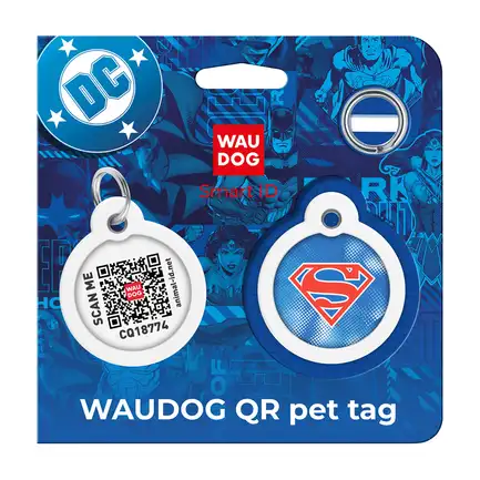 Адресник для собак і котів металевий WAUDOG Smart ID з QR паспортом, малюнок "Супермен ретро", коло, Д 30 мм: додаткове фото 5