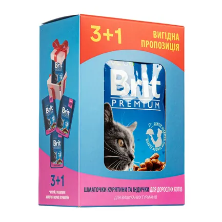 Набір паучів &quot;3+1&quot; для котів Brit Premium Cat pouch Chicken &amp; Turkey з куркою та індичкою, 4х100г — Фото 3