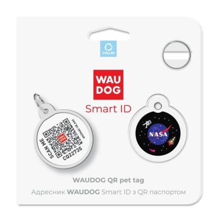 Адресник для собак та котів металічний WAUDOG Smart ID з QR паспортом, малюнок &quot;NASA&quot;, круг, Д 25 мм — Фото 4