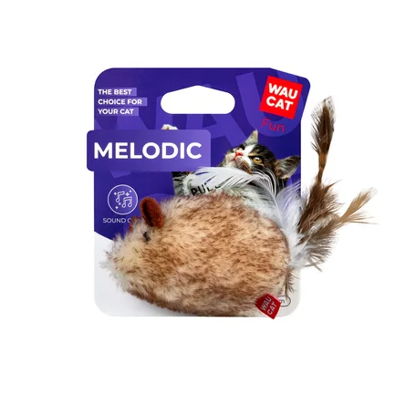 Іграшка для котів WAUCAT Fun Melodic Мишка зі звуковим чипом, штучне хутро, перо, 130 мм: додаткове фото 2