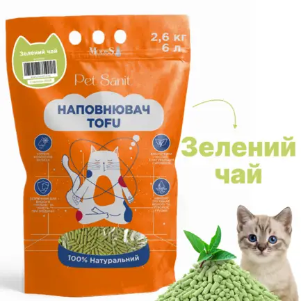 Наповнювач Tofu - зелений чай 2,6 кг, 6 л, л, ПетСаніт (PetSanit), MODES: додаткове фото 2