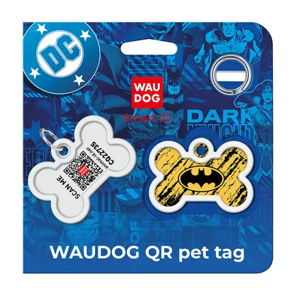 Адресник для собак і котів металевий WAUDOG Smart ID з QR паспортом, малюнок "Бетмен ескіз", кістка, Д 40 мм, Ш 28 мм: додаткове фото 2