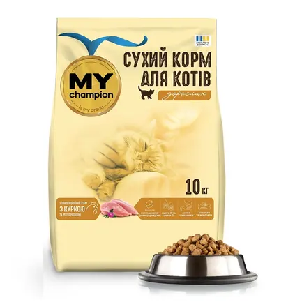 Мій чемпіон. Повнораціонний сухий корм для котів з куркою та розторопшою, 10 кг