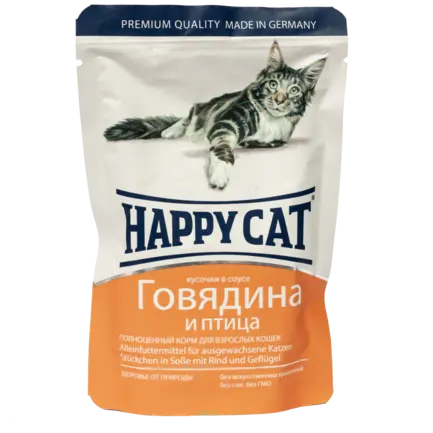 Вологий корм Happy Cat для котів у вигляді шматочків в cоусі з яловичиною та птицею, 0,1 кг 1002315