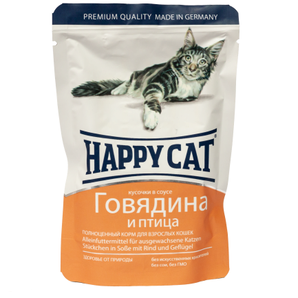 Вологий корм Happy Cat для котів у вигляді шматочків в cоусі з яловичиною та птицею, 0,1 кг 1002315