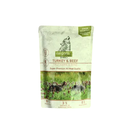 ISEGRIM Pouch Roots JUNIOR Turkey & Beef 410 г Вологий корм для собак. Індичка та яловичина з бататом, лососевим жиром, трава