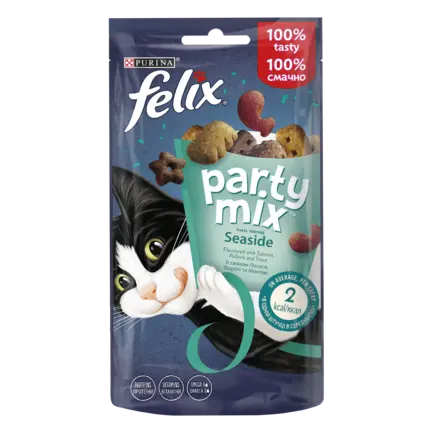 Ласощі FELIX Party Mix Морський Мікс для дорослих котів зі смаком лосося, форелі та минтаю 60 г