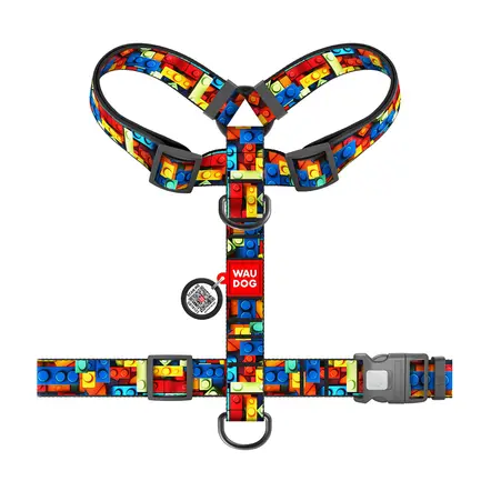 Шлея для собак анатомічна H-подібна WAUDOG Nylon з QR-паспортом, малюнок "Блоки", пластиковий фастекс, XL, Ш 35 мм, А 55-95 см, В 70-110 см: додаткове фото 3