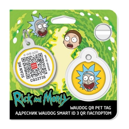 Адресник для собак і котів металевий WAUDOG Smart ID з QR паспортом, малюнок &quot;Рік та Морті 3&quot;, коло, Д 30 мм — Фото 3