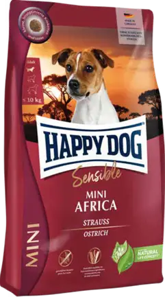 Сухий корм Happy Dog Mini Africa для собак дрібних порід вагою до 10 кг при алергіях та харчовій непереносимості зі страусом та картопляними пластівцями, 300 г