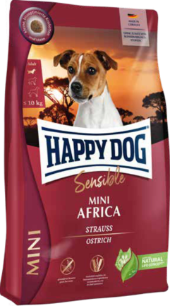 Сухий корм Happy Dog Mini Africa для собак дрібних порід вагою до 10 кг при алергіях та харчовій непереносимості зі страусом та картопляними пластівцями, 800 г