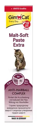 Набір: паста GimCat Every Day Malt-Soft Paste Extra для котів для виведення шерсті зі шлунку 200 г та вітамін. таблетки Gim Cat Gras Bits трав'яні кульки 10 г