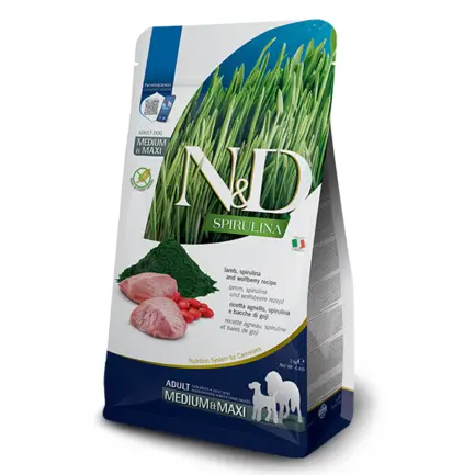 Сухий беззерновий корм Farmina N&D SPIRULINA для дорослих собак середніх і великих порід з ягням, спіруліною та ягодами годжі, 7 кг