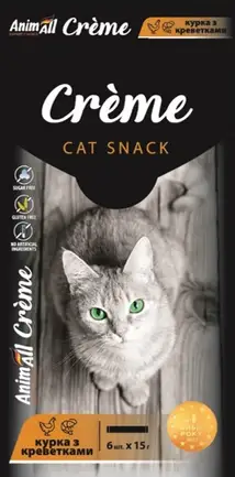 Ласощі AnimAll Сrème для котів зі смаком курки з креветками, 6х15 г