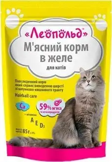 Вологий корм Леопольд М'ясний корм у желі для котів, для виведення шерсті, з яловичиною, 85 г