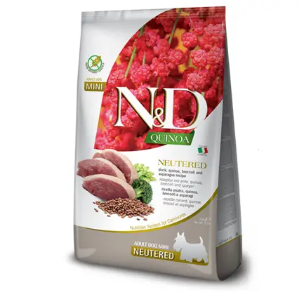 Сухий корм Farmina N&D Quinoa Duck, Brocooli & Asparagus Neutered для дорослих стерил. собак дрібних порід, качка, кіноа, броколі та спаржа, 2,5 кг