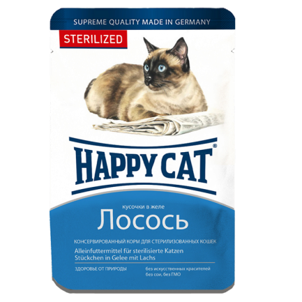 Вологий корм Happy Cat для стерилізованих котів у вигляді шматочків в желе з лососем, 0,1 кг, 1004211