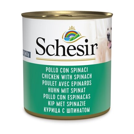 Schesir Chicken With Spinach ШЕЗІР КУРКА ЗІ ШПИНАТОМ в желе натуральні консерви для собак, вологий корм, банка 285г 0,285 кг