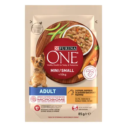 Вологий корм PURINA ONE Mini/Small для дорослих собак дрібних порід шматочки у підливці з куркою, морквою та зеленою квасолею 85 г: додаткове фото 2