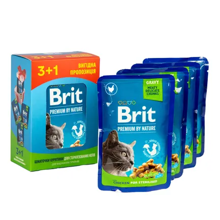 Набір паучів &quot;3+1&quot; для стерилізованих котів Brit Premium Cat pouch Chicken Slices for Sterilised з куркою, 4х100г — Фото 4