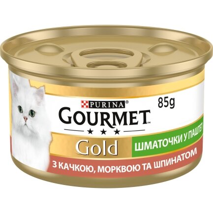 Вологий корм GOURMET Gold для дорослих котів шматочки у паштеті з качкою, морквою та шпинатом 85 г