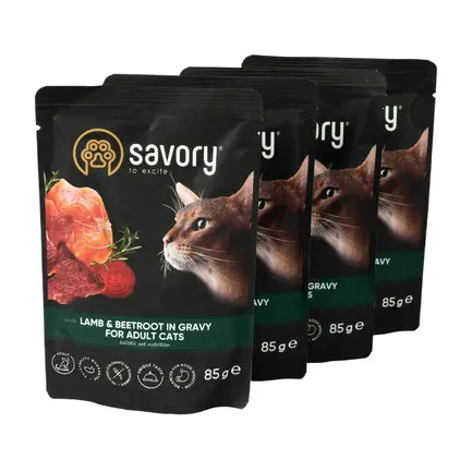 Набір вологих кормів Savory "3+1" для дорослих котів, ягня з буряком у соусі, паучі, 4 шт 85 г: додаткове фото 4