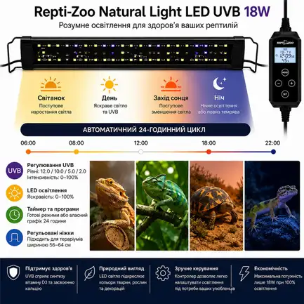 Світильник LED UVB Repti-Zoo Natural Light LED UVB 18W 56-64 см для тераріуму з контролером: додаткове фото 2