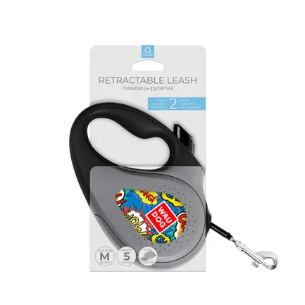 Повідець-рулетка для собак WAUDOG R-leash, малюнок "ВАУ", M, до 25 кг, 5 м, світловідбиваюча стрічка чорний: додаткове фото 4
