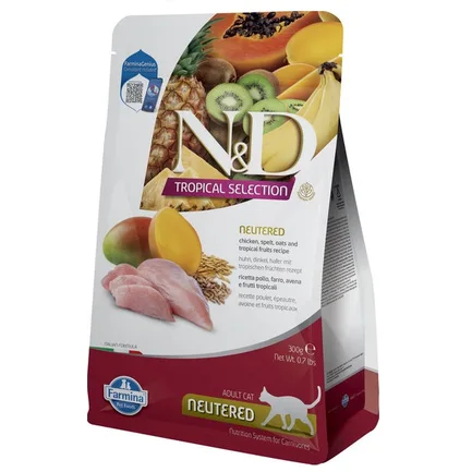 Сухий низькозерновий корм Farmina N&D TROPICAL SELECTION для стерилізованих дорослих котів, курка з тропічними фруктами, 300 г