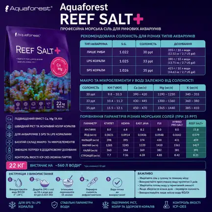 Сіль морська для SPS та LPS коралів Aquaforest Reef Salt Plus 22 кг з підвищеним Ca, Mg та KH: додаткове фото 2