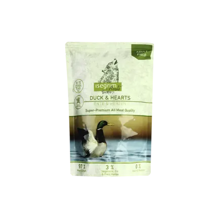 ISEGRIM Pouch Roots Duck & Hearts 410 г Вологий корм для собак. Качка з сердечками, овочами, лляним маслом та травами