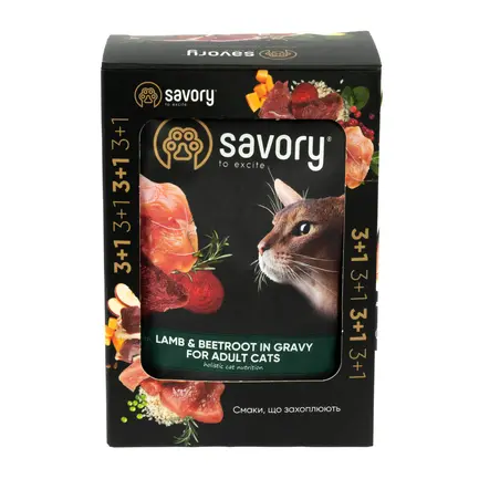 Набір вологих кормів Savory "3+1" для дорослих котів, ягня з буряком у соусі, паучі, 4 шт 85 г: додаткове фото 3