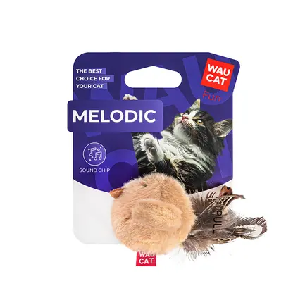 Іграшка для котів WAUCAT Fun Melodic Пташка бежева зі звуковим чипом, штучне хутро, перо, 110 мм: додаткове фото 2