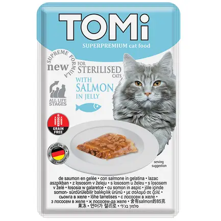 TOMi Sterilised Salmon in Jelly ТОМІ СТЕРІЛАЙЗИД ЛОСОСЬ В ЖЕЛЕ консерви для стерилізованих котів, вологий корм, пауч 85г 0,085 кг