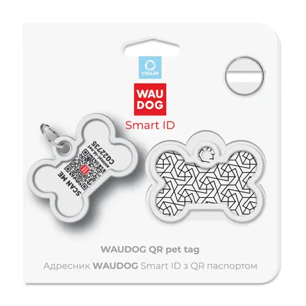Адресник для собак і котів металевий WAUDOG Smart ID з QR паспортом, малюнок "Геометрія", кістка, Д 40 мм, Ш 28 мм: додаткове фото 5