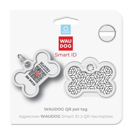 Адресник для собак і котів металевий WAUDOG Smart ID з QR паспортом, малюнок &quot;Геометрія&quot;, кістка, Д 40 мм, Ш 28 мм — Фото 4