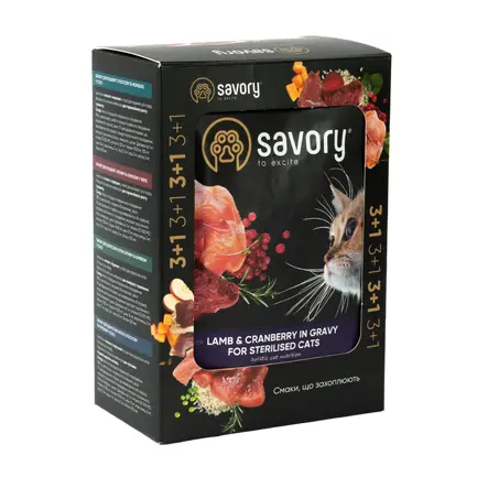 Набір вологих кормів Savory "3+1" для стерилізованих котів, ягня з журавлиною у соусі, паучі, 4 шт 85 г: додаткове фото 2