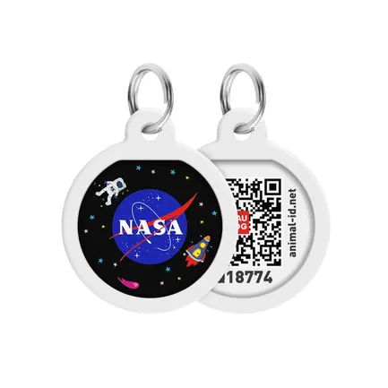 Адресник для собак та котів металічний WAUDOG Smart ID з QR паспортом, малюнок "NASA", круг, Д 25 мм