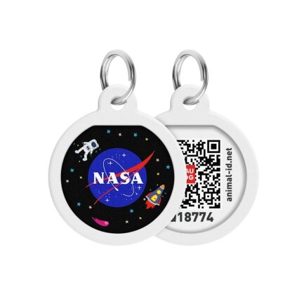 Адресник для собак та котів металічний WAUDOG Smart ID з QR паспортом, малюнок &quot;NASA&quot;, круг, Д 25 мм