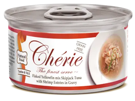 Cherie 80g Signature Gravy Flaked Yellowfin mix Skipjack Tuna with Shrimp Entrеes in Gravy вологий корм для котів з ніжними шматочками жовтоперого тунця та креветок в соусі