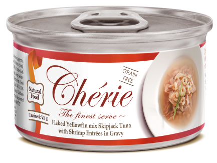 Cherie 80g Signature Gravy Flaked Yellowfin mix Skipjack Tuna with Shrimp Entrеes in Gravy вологий корм для котів з ніжними шматочками жовтоперого тунця та креветок в соусі