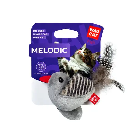 Іграшка для котів WAUCAT Fun Melodic Пташка зі звуковим чипом, штучне хутро, плюш, перо, 130 мм: додаткове фото 2